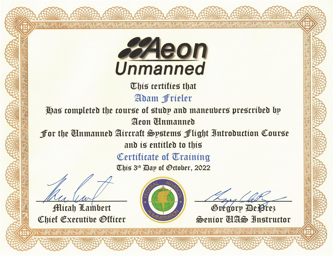 Adam Frieler - Drone Training Certificate